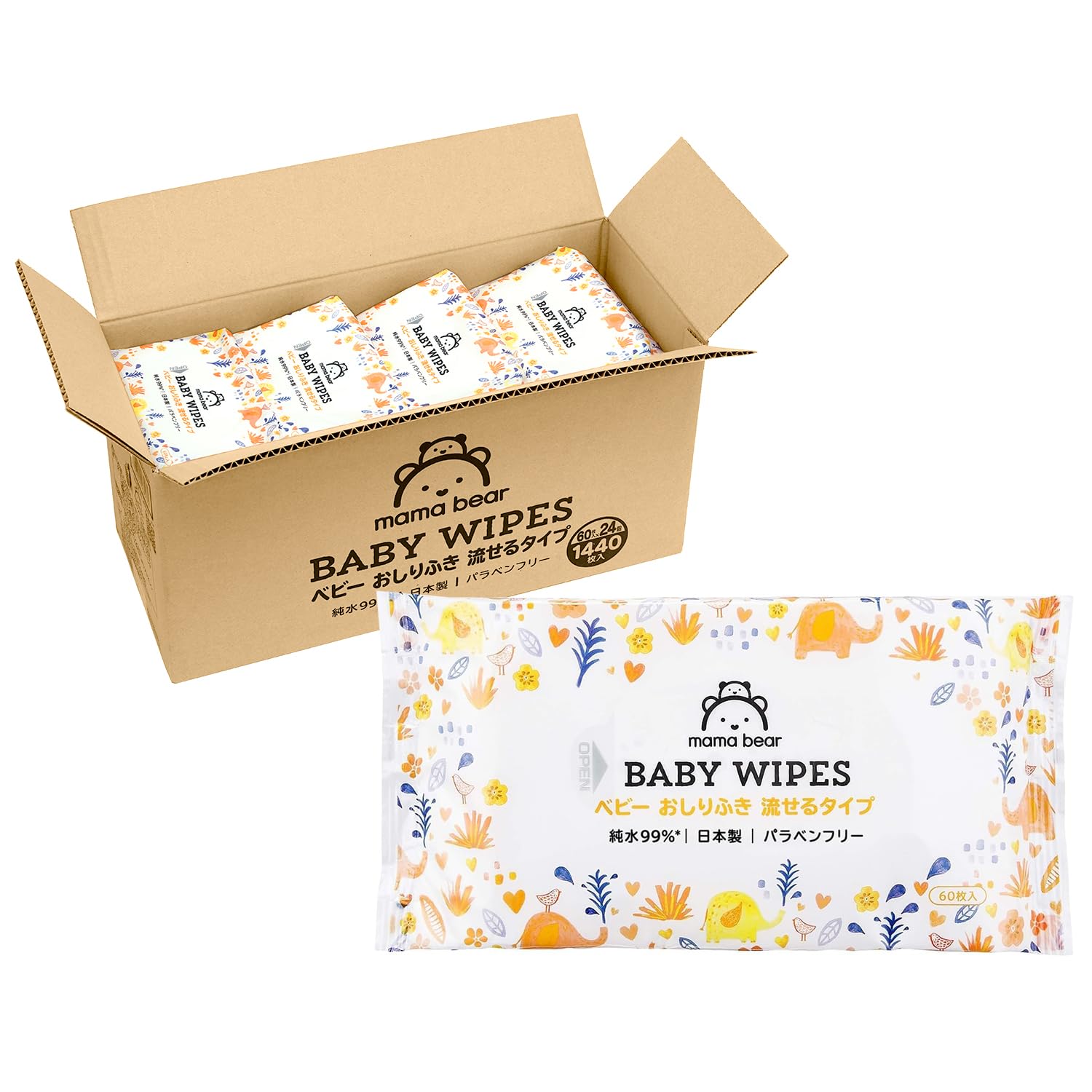Mama Bear ベビー おしりふき 流せるタイプ60枚入x24個 ×3 Amazon.co.jp: 【流せるおしりふき】Mama Bear (ママベアー